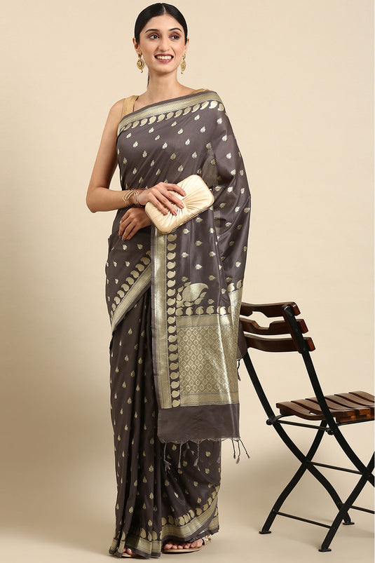 Grey Color Weaving Work Pleasant Banarsi Cotton Saree