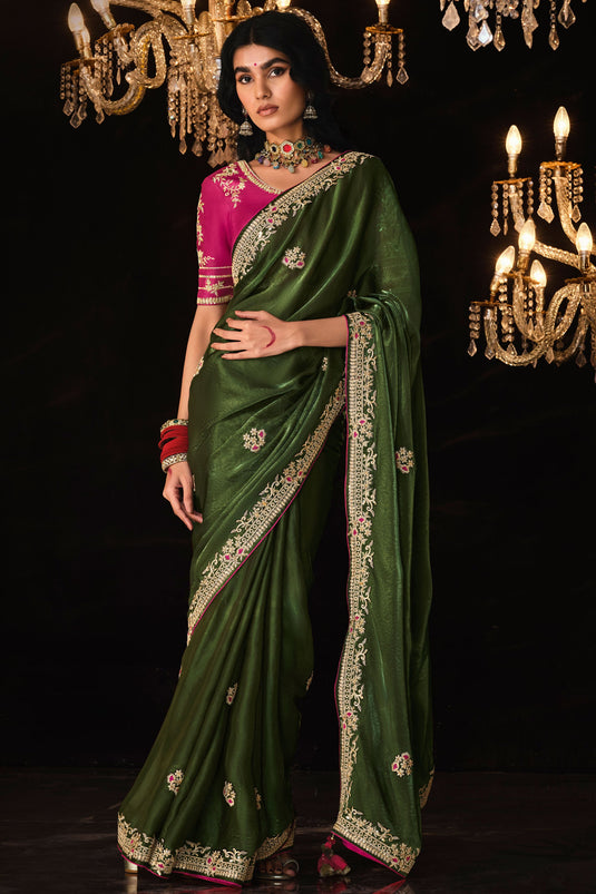 Embroidered Work On Tissue Fabric Bewitching Saree In Green Color