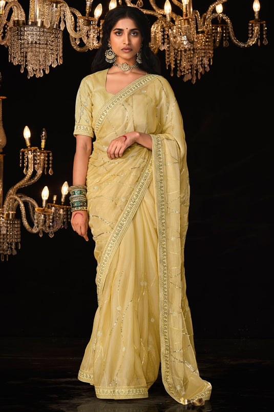 Tissue Fabric Yellow Color Patterned Saree With Embroidered Work
