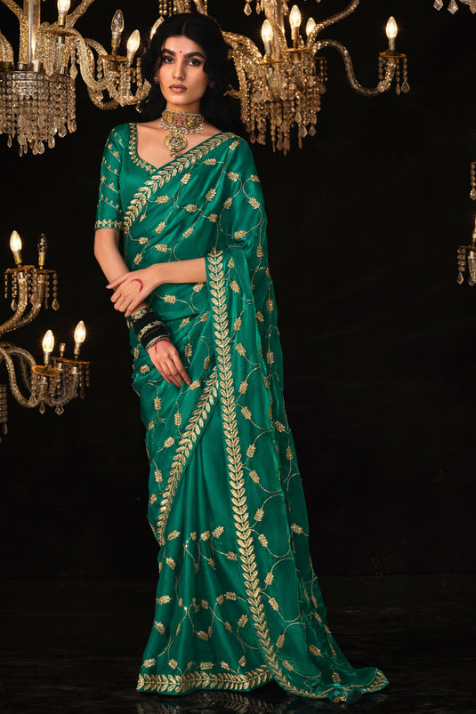 Embroidered Work On Sea Green Color Sober Saree In Tissue Fabric