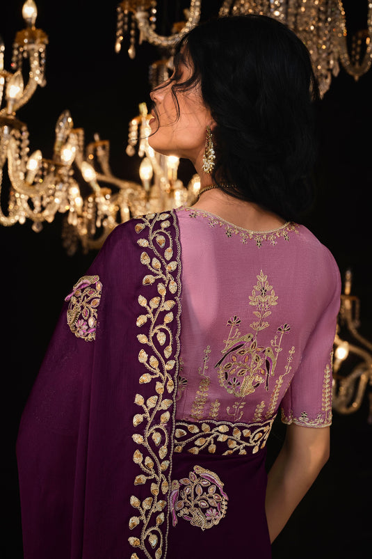 Incredible Embroidered Work On Tissue Fabric Purple Color Saree
