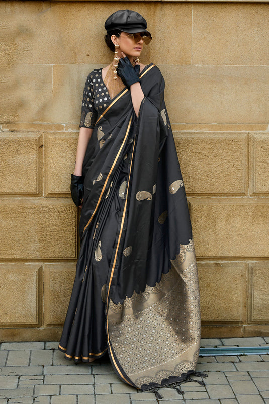 Traditional Black Color Satin Fabric Saree For Function