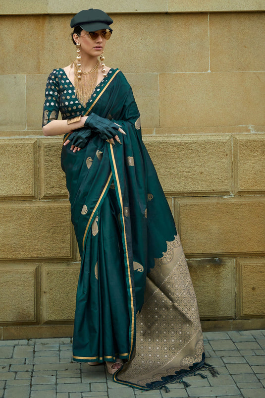 Vibrant Green Color Satin Fabric Weaving Work Saree For Function