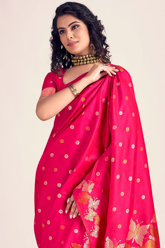 Glamorous Rani Color Printed Banarasi Style Silk Saree