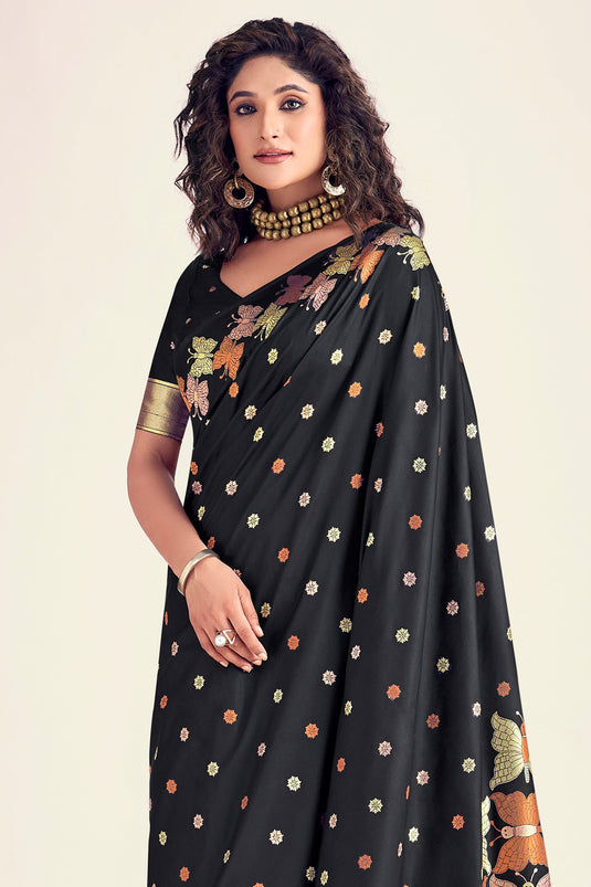 Black Color Glorious Printed Banarasi Style Silk Saree