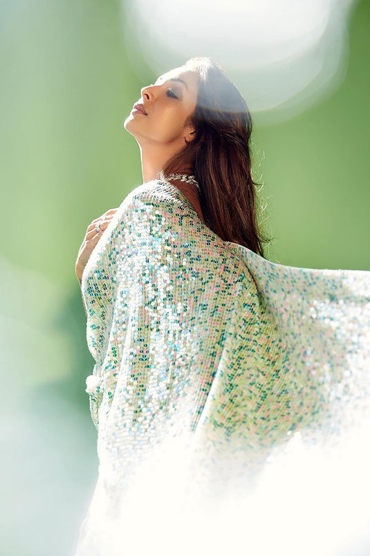 Malaika Arora Inspired Georgette Fabric Sequins Work Sea Green Wedding Wear Saree With Designer Blouse