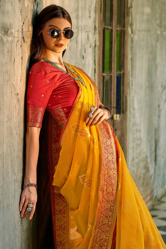 Weaving Work Mustard Tissue Silk Saree With Beautiful Blouse