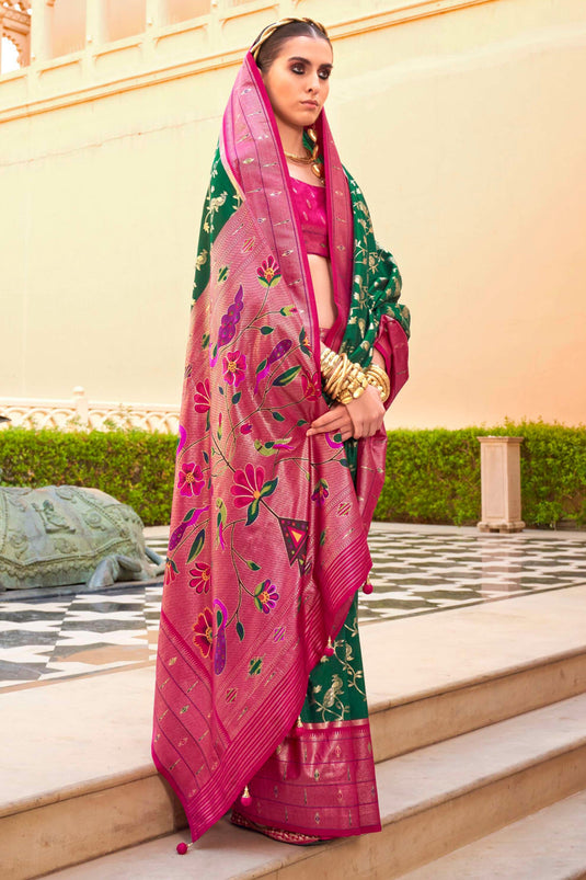 Creative Paithini Printed Design On Saree In Green Color Art Silk Fabric