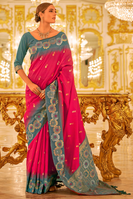 Weaving Work Rani Color Bright Banarasi Silk Saree