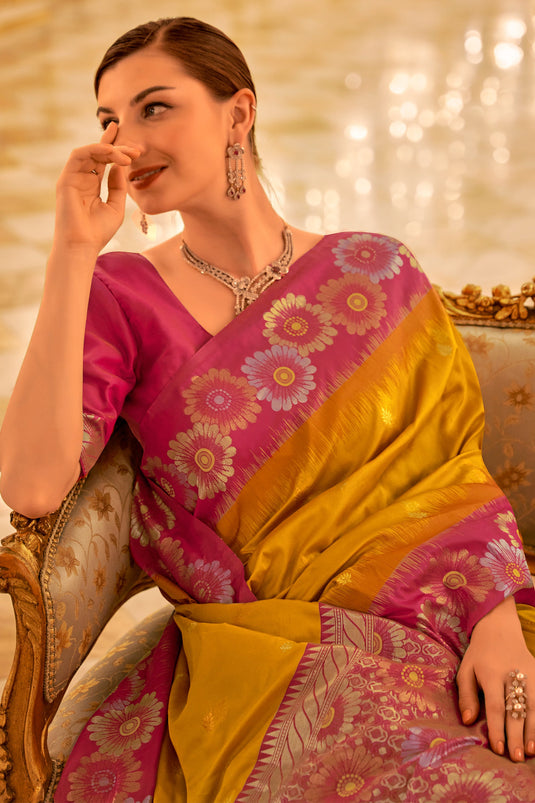 Mustard Color Weaving Work Elegant Banarasi Silk Saree