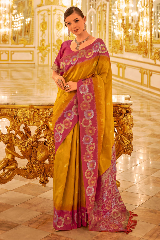 Mustard Color Weaving Work Elegant Banarasi Silk Saree