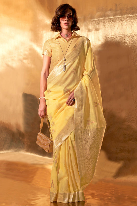 Blazing Yellow Color Weaving Work Linen Cotton Saree