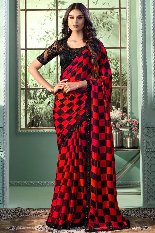 Classic Border Work On Red Color Saree In Chiffon Fabric