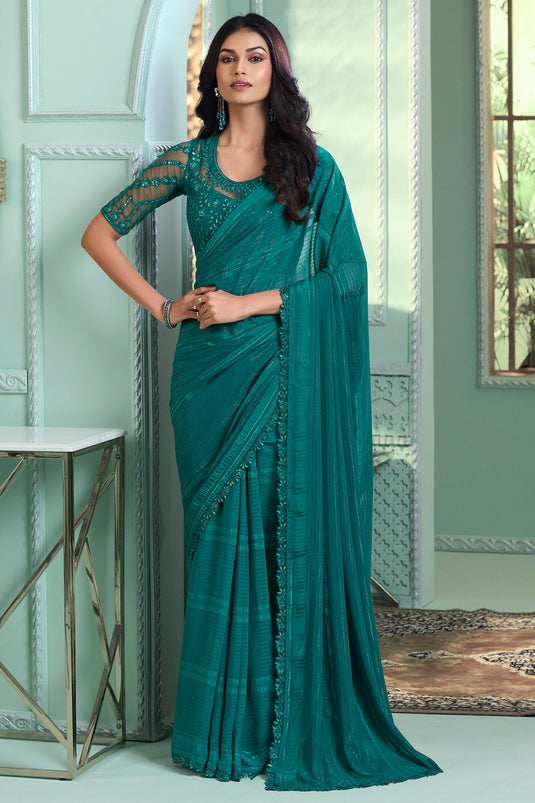 Creative Border Work On Saree In Green Color Georgette Fabric