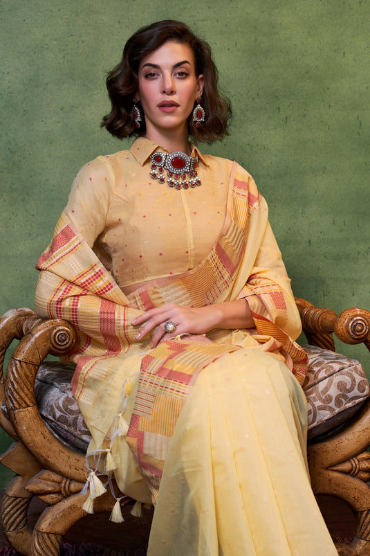 Cream Color Exquisite Handloom Weaving Fancy Cotton Saree