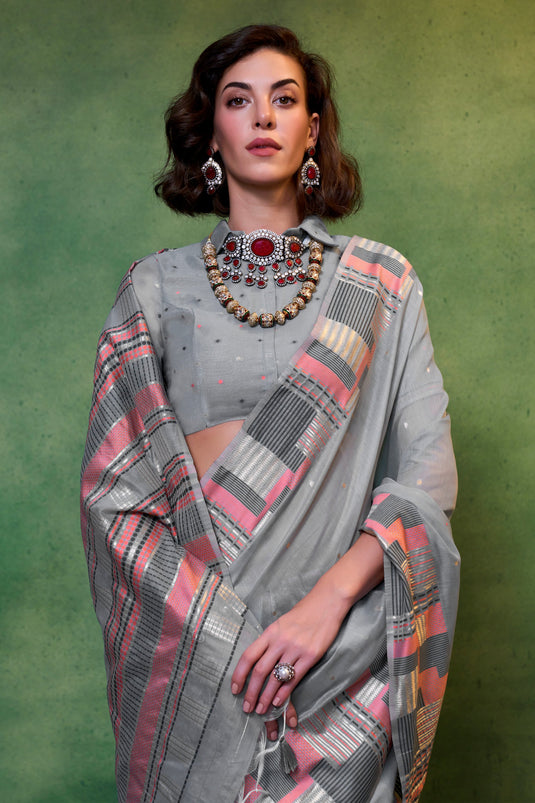 Alluring Grey Color Handloom Weaving Fancy Cotton Saree