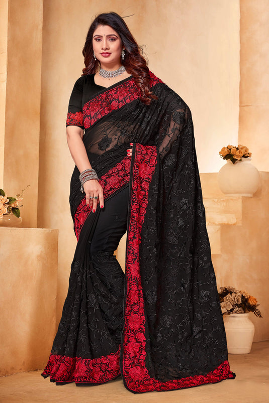 Embroidered Work Black Saree In Georgette Fabric