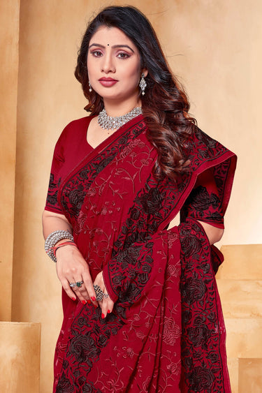 Red Embroidery Work Georgette Saree With Blouse