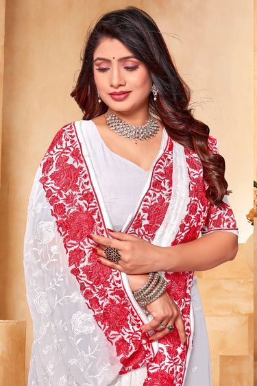 Embroidered Work White Georgette Saree With Pretty Blouse