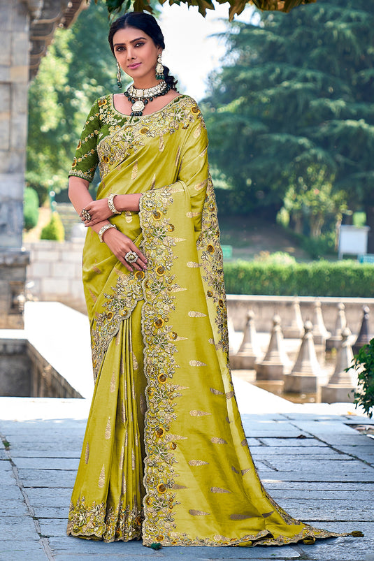 Border Work On Awesome Art Silk Fabric Saree In Yellow Color