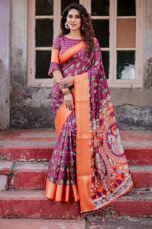 Engaging Wine Color Art Silk Fabric Saree With Printed Work