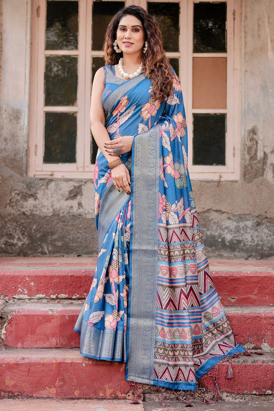 Trendy Art Silk Fabric Cyan Color Saree With Printed Work
