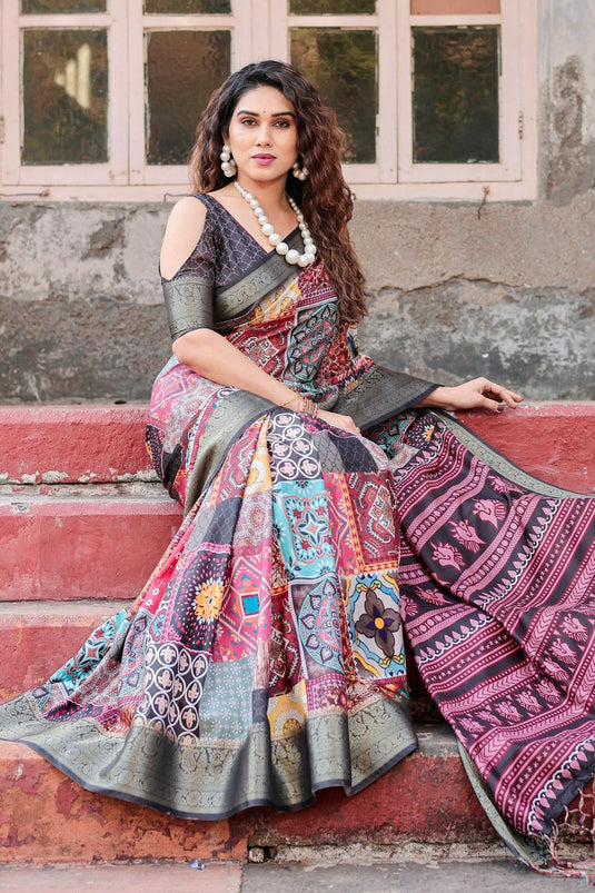 Soothing Printed Work On Multi Color Art Silk Fabric Saree
