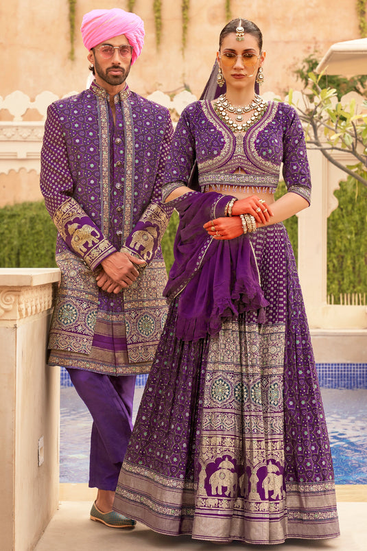 Elegant Purple Color Art Silk Fabric Wedding Wear Readymade Indo Western For Men