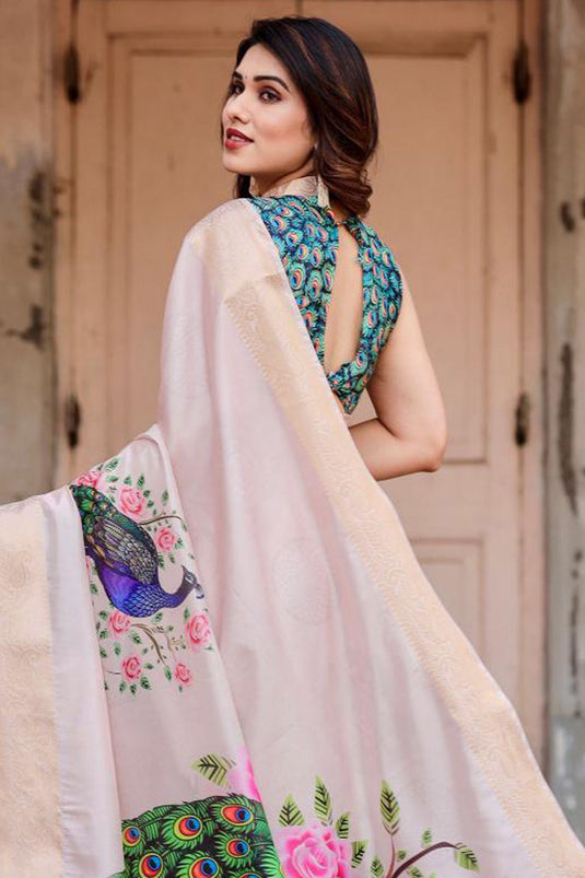 Appealing Digital Printed Work On Art Silk Fabric Saree In Beige Color