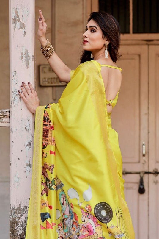 Imperial Yellow Color Art Silk Fabric Saree With Digital Printed Work