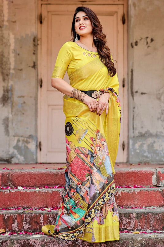 Imperial Yellow Color Art Silk Fabric Saree With Digital Printed Work