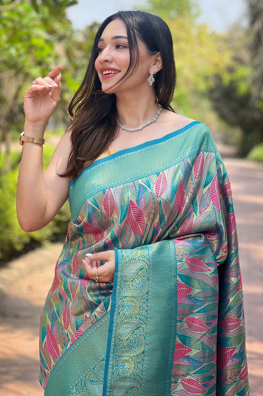 Embellished Weaving Work On Sky Blue Color Art Silk Fabric Saree