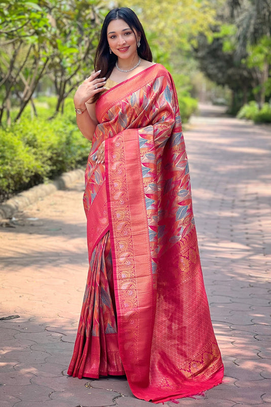 Awesome Weaving Work On Art Silk Fabric Red Color Saree