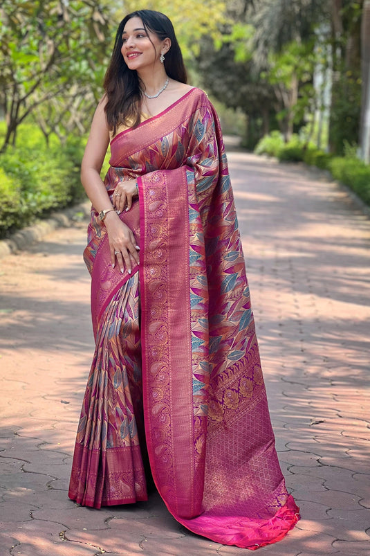 Art Silk Fabric Rani Color Saree With Winsome Weaving Work