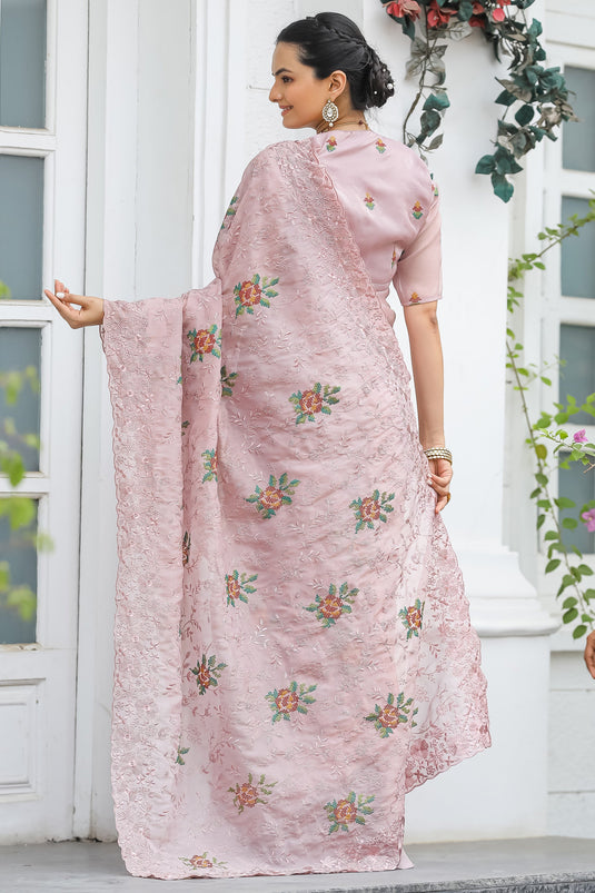 Excellent Chiffon Fabric Peach Color Saree With Embroidered Work