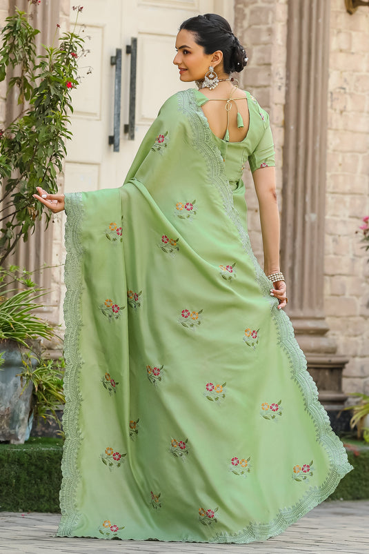 Green Color Embroidered Work On Cotton Fabric Chic Saree