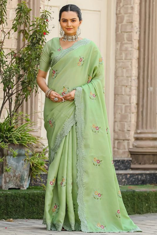 Green Color Embroidered Work On Cotton Fabric Chic Saree