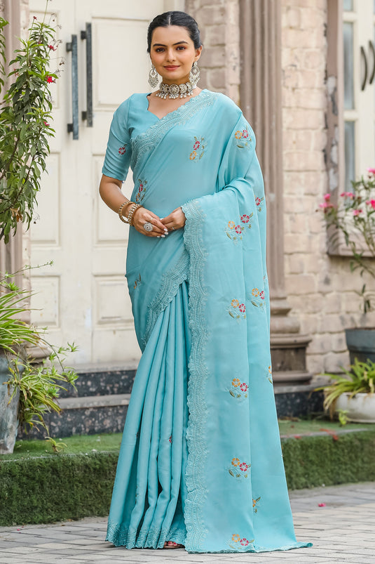 Soothing Embroidered Work On Sky Blue Color Cotton Fabric Saree