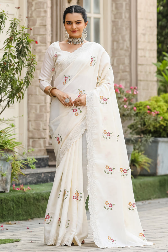 Embroidered Work On Cotton Fabric White Color Gorgeous Saree