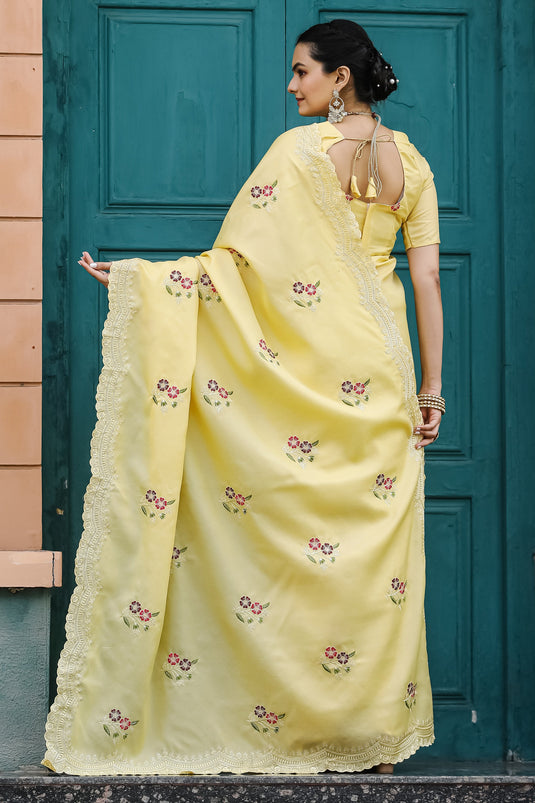Graceful Cotton Fabric Yellow Color Saree With Embroidered Work