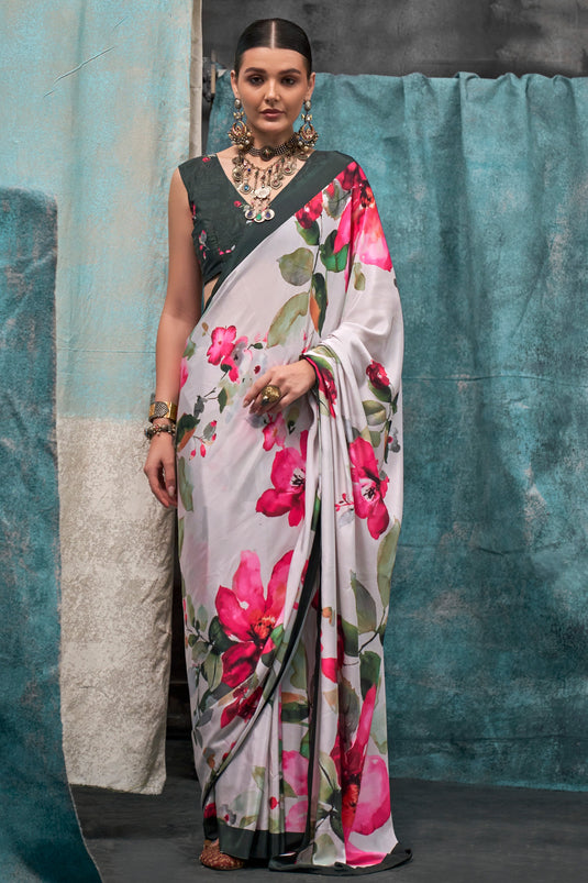 Casual Wear Attractive Printed Crepe Fabric Saree In Off White Color