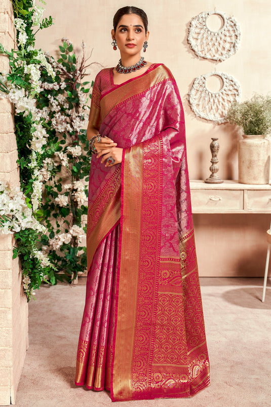 Art Silk Fabric Pink Color Excellent Saree With Weaving Work