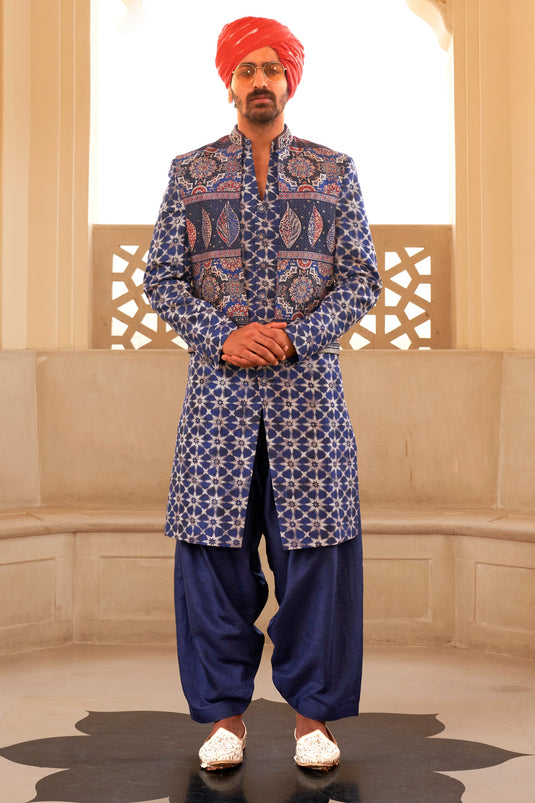 Mesmeric Navy Blue Color Readymade Indo Western For Men In Art Silk Fabric