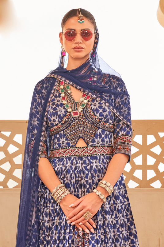 Classic Navy Blue Color Embroidered Readymade Long Gown With Dupatta