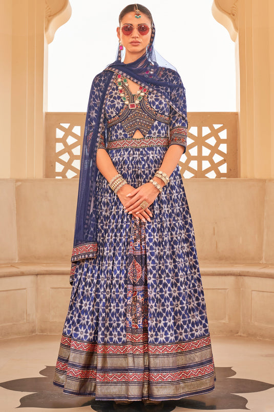 Classic Navy Blue Color Embroidered Readymade Long Gown With Dupatta