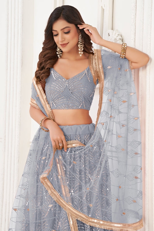 Grey Color Function Wear Sequins Work Luminous Lehenga In Net Fabric