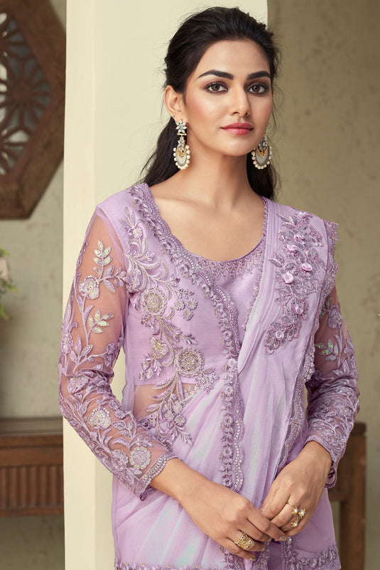 Heavy Art Silk Fabric Border Work On Lavender Color Saree With Jacket