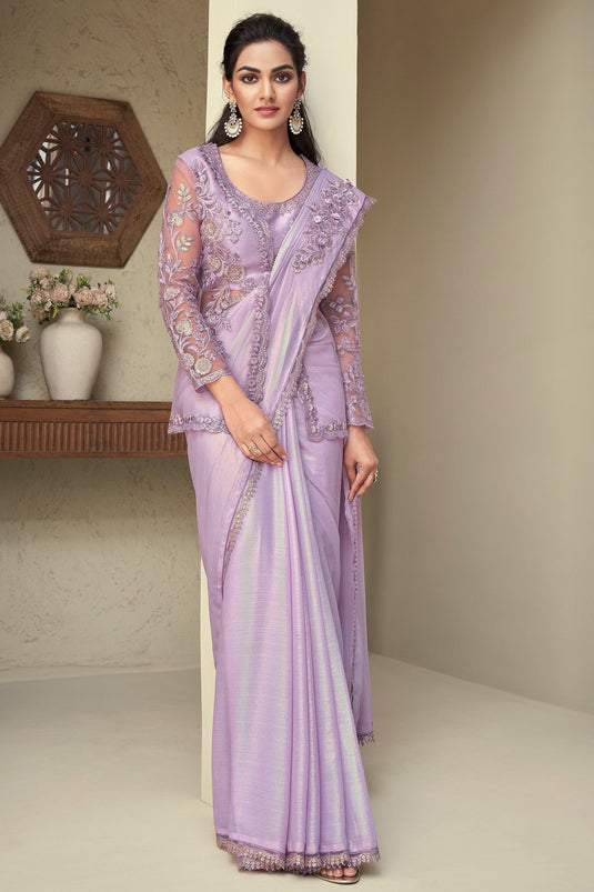 Heavy Art Silk Fabric Border Work On Lavender Color Saree With Jacket