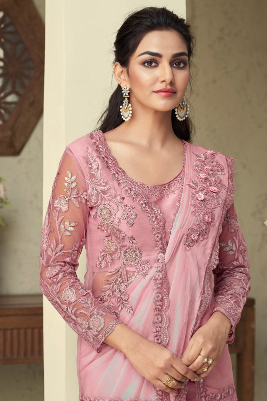 Pink Color Exquisite Border Work Saree With Jacket In Art Silk Fabric