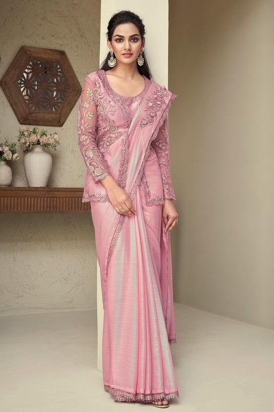 Pink Color Exquisite Border Work Saree With Jacket In Art Silk Fabric